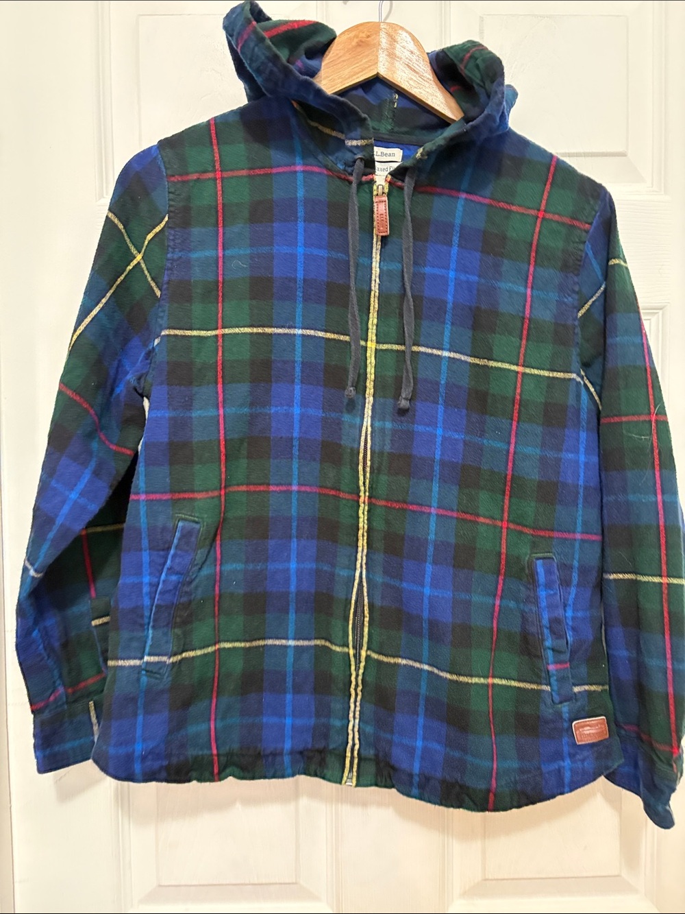L.L. Bean Hooded Plaid Zip Jacket in Blue, Green & Red